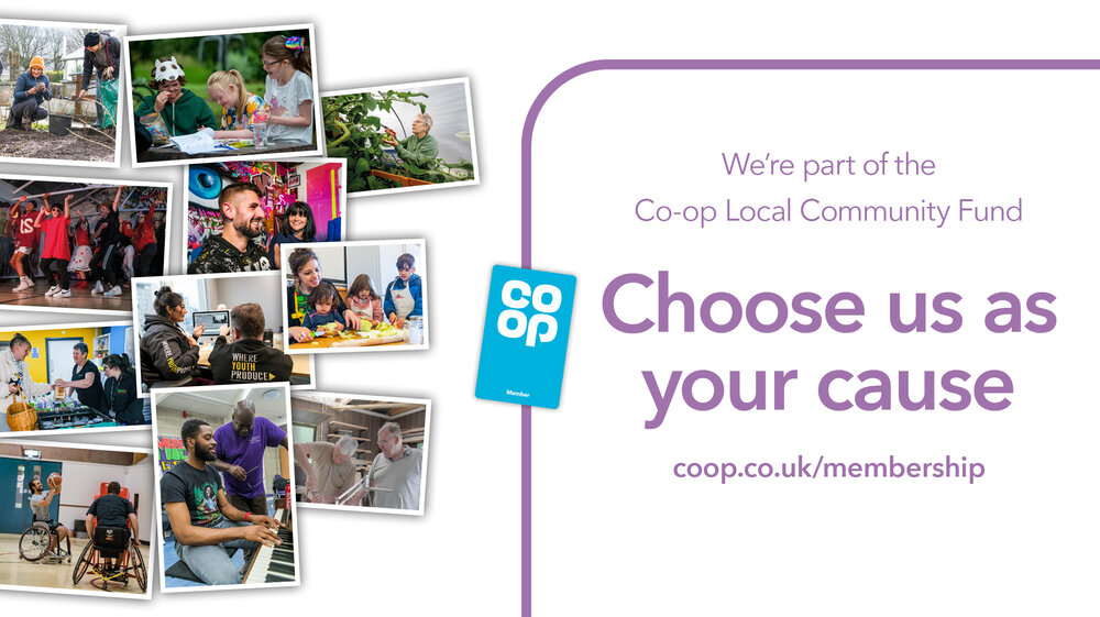 Advert for the coop fundraiser. The advert contains images of different project and the text: Choose us as your local cause. Which is written in purple on a white background.